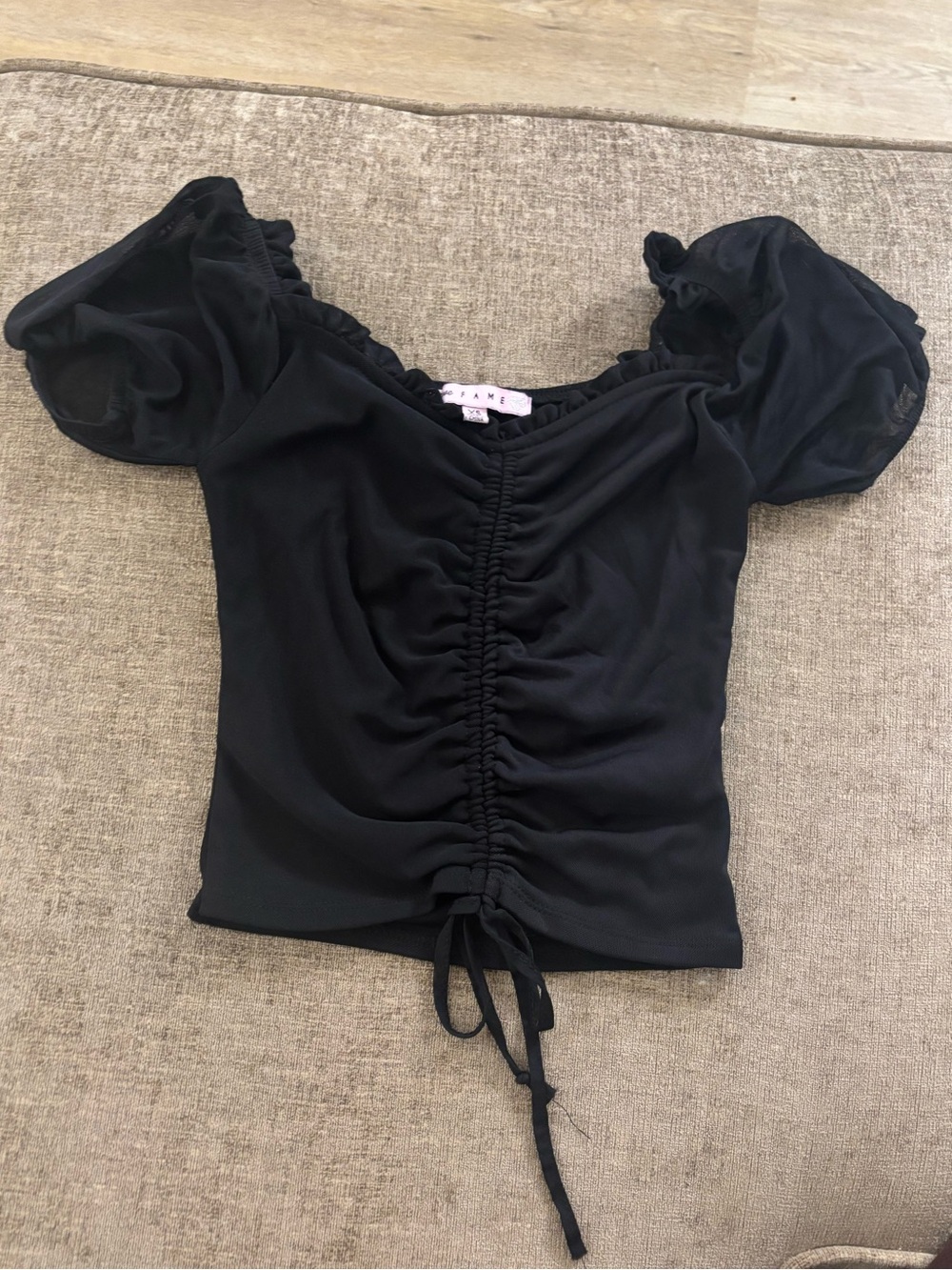 Black Ruched Puff-Sleeve Women’s Top